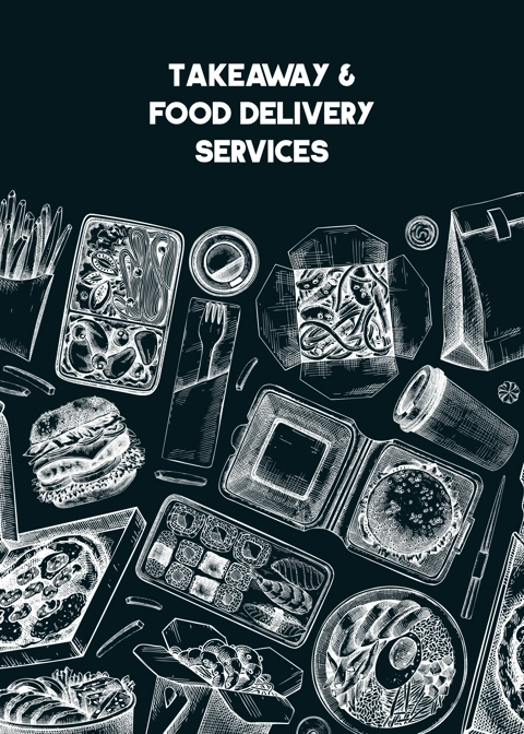 Engraved fast food restaurant flyer. Hand-drawn vector illustration on chalkboard. Burger, pizza box, paper bag, coffee cup sketch. Takeaway food or delivery menu design, poster template
